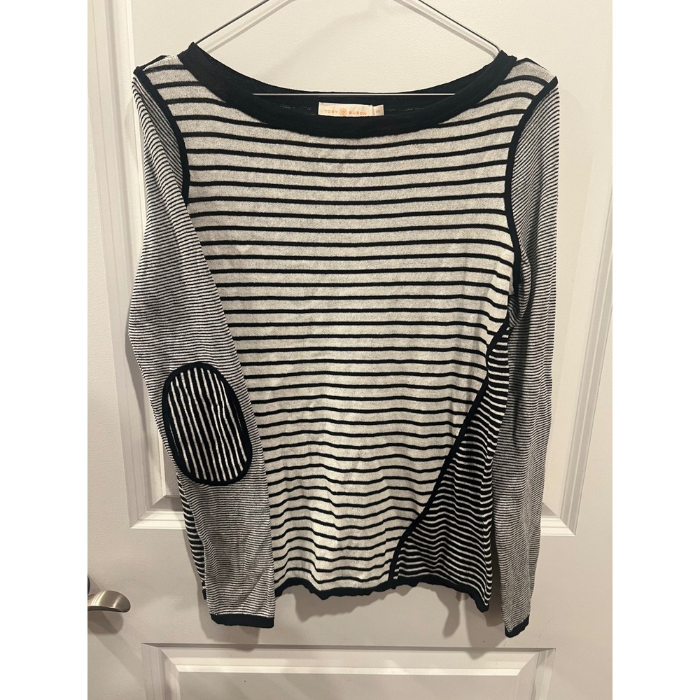 Tory Burch Womens Sweater Striped Elbow Patch Navy White XS